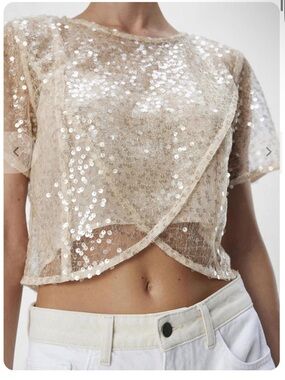 Sequin Mesh Crop Top in Light Pink by